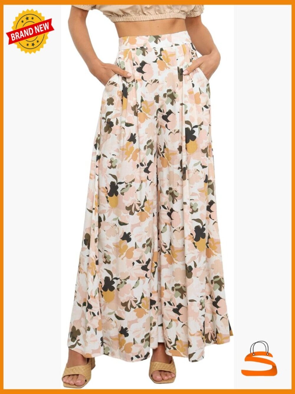 High waisted wide leg floral palazzo pants with side pockets, invisible zip